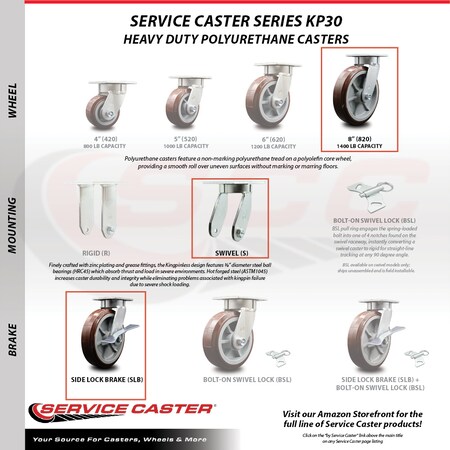 Service Caster 8 Inch Kingpinless Poly on Polyolefin Wheel Caster Swivel Locks 2 Brakes, 2PK SCC-KP30S820-PPUR-BSL-2-SLB-2